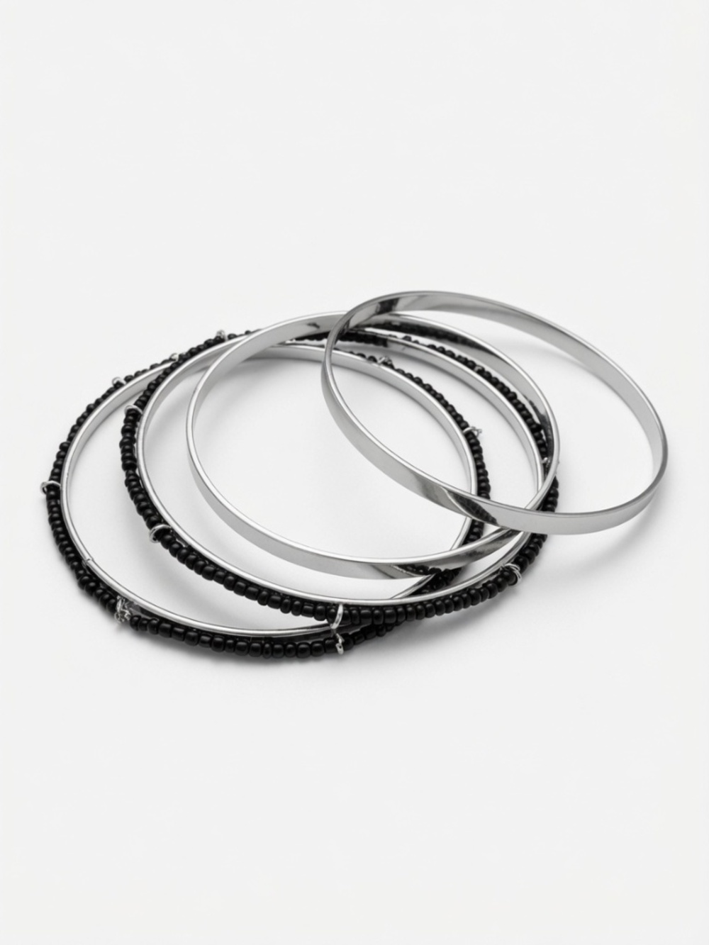 Silver-Tone & Black Beaded Bangle Set – 4 Pieces